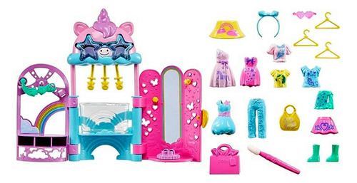 Playset Conjunto Boutique Loja De Moda Do Unicórnio - Acompanha Boneca Menina Loira Polly Pocket E Negra Shani Com Acessórios Roupa Roupinha Que Mudam De Cor Com Água - Mattel Brinquedos