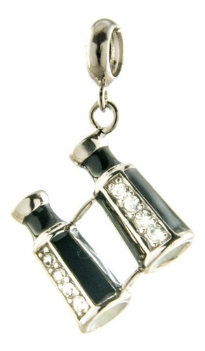 Dije Charm Binoculares Esmalte Negro Y Piedras  Plata 925