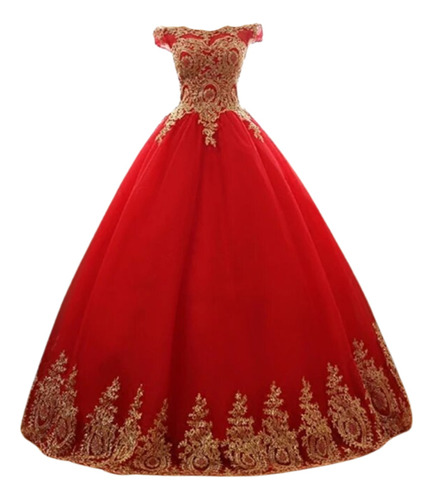 Vestidos De Quinceañera Elegante Color Rojo Dorado Barato 