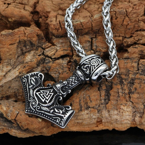 Collar Dije Acero Thor Mjolnir Valknut Runa Vikingo Hombre