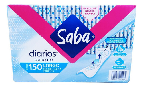 Protectores Diarios Saba® Largos Anti Irritación, 150 Piezas