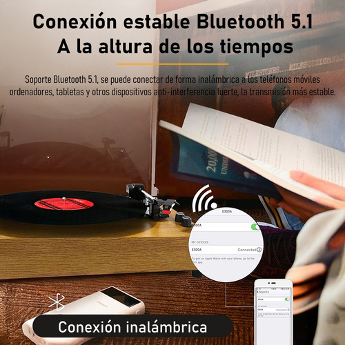 Reproductor De Discos De Vinilo Portátil Retro Con Bluetooth