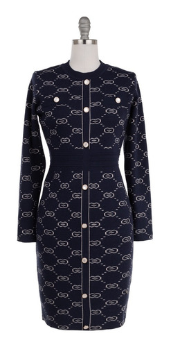 Imagen 2 de 9 de Vestido Mio Mio Corto Tejido Punto Fino Estampado Botón Joya