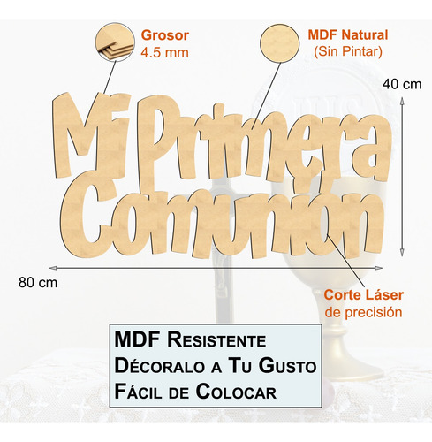 Letrero Mdf Mi Primera Comunión Madera Decorar 80x40cm