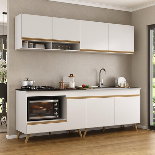Armário de Cozinha Modulada Compacta 4 Pçs com Balcão para Cooktop Veneza Multimóveis MP2264 Branco/Dourado