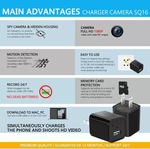 Cámara espía oculta cargador USB, cámara de seguridad para oficina y hogar  con ranura para tarjeta SD, protección contra sobretensiones, detección de