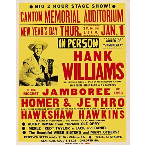 Póster De Concierto De Hank Williams 1953 Canton, Ohio...