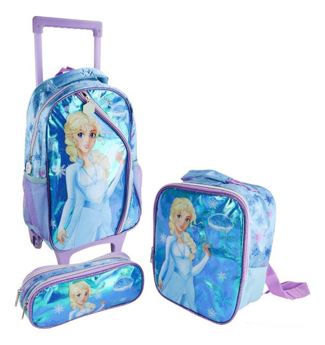 Kit Mochila Rodinhas Infantil Princesa Gelo Estojo Lancheira