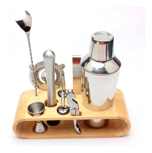 Set De Cocteleria Kit Bartender 9 Piezas + Base Madera