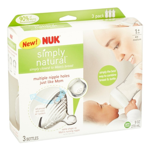 Nuk Simply Natural 3 Biberones 9oz 270ml Sistema Anticolico Color Transparente Natural Bottle