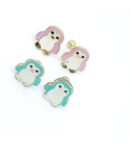 Aretes De Pinguinos Verde Y Rosa Oro Lam.2 Pares +estuche