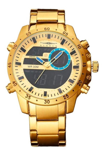 Relógio Masculino Esportivo Digital Prova D'água Original Cor da correia Dourado e Azul