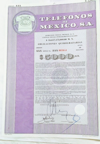 Antigua Accion/bono Telefonos De Mexico 1981 5 Mil !!