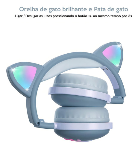 Fone De Ouvido Bluetooth Led Orelha Gato Infantil Headphone Cor Azul