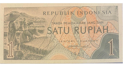 Billete Antiguo De Indonesia. 1 Rupia. Sin Circular. 1961.