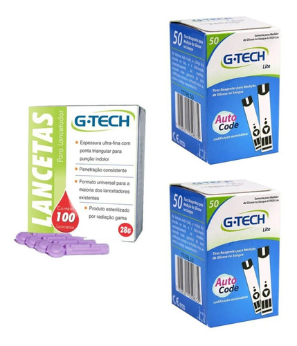 100 Fitas Tiras Reagentes G-tech Lite Glicemia + 100 Lanceta