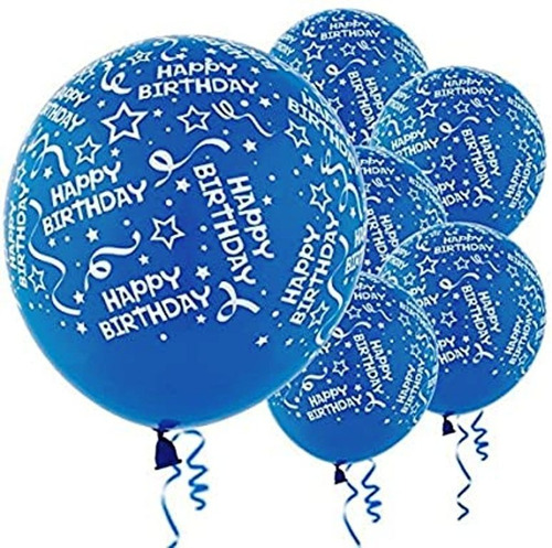 12 Globos Latex 12in Impreso Feliz Cumpleaños Hbd Azul Helio