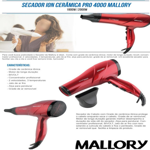 Imagem 8 de 8 de Secador De Cabelo 4000 Mallory Ion Ceramic Bivolt + Difusor