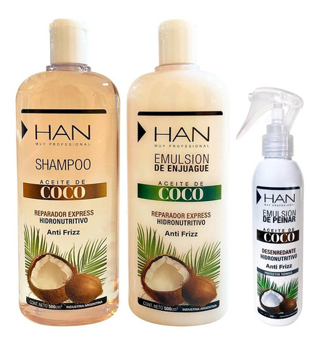 Kit Han Coco - Shampoo + Acondicionador + Emulsion Peinar 3c