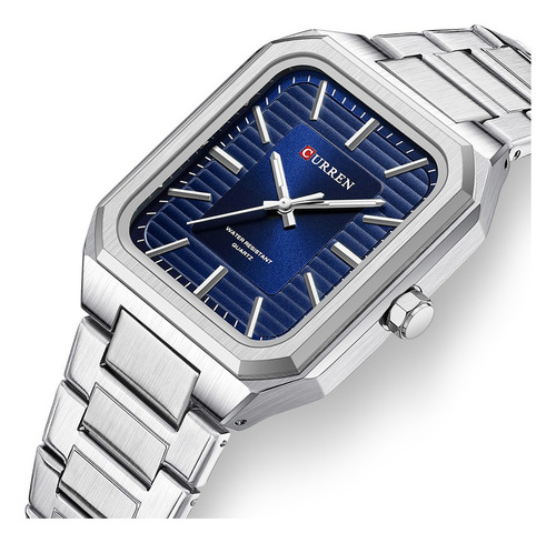 Relógios Impermeáveis Curren Square Classic Em Aço Inoxidáve Cor Do Fundo Prata/azul