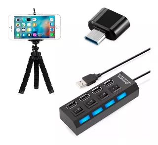 Kit Mobile Hub 4 Portas + Otg Usb C + Tripé Adaptador Gamer