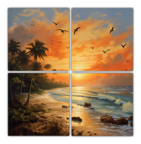 60x60cm Cuadro Mural Amanecer En La Playa Con Coco Esparcido