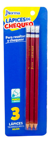 Lápiz Checador Triangular C/ Goma Rojo Norma Blíster 12 Pz