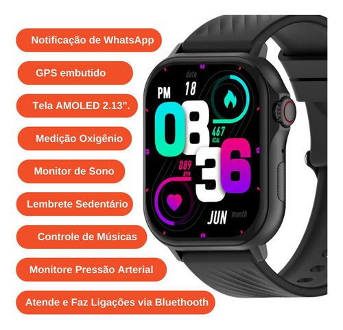Smartwatch Strava Com Gps Tela Fhd 2,13 Amoled Preto Mesh Silicon Preto Preto