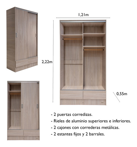 Placard 2,22x1,21x0,55 Platinum 2 Ptas 2 Caj Rieles Aluminio Gris Andino