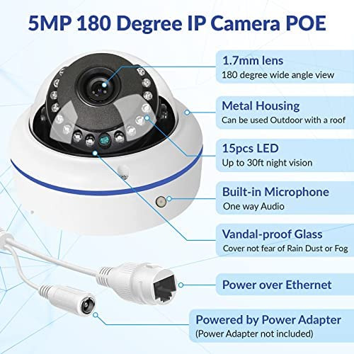 Hd 5mp 4mp Poe Ip 180 Grados Gran Angular Domo Cctv Cámara D