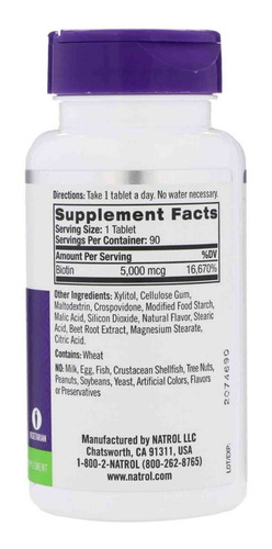 Imagen 3 de 3 de Biotin Natrol 5,000 Mcg - 250 Tablets