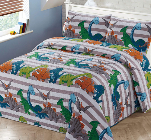Juego De Colcha 3 Piezas Matrimonial Niños Dinosaurios Multi