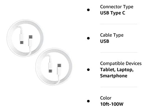 Paquete De 2 Cables De Carga Usb C A Usb C De 10 Pies Y 100