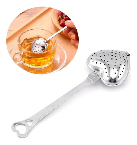 Infusor De Chá Com Haste Peneira Coador Coração Aço Inox