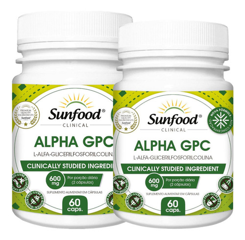 Suplemento Em Capsulas Sunfood Alfa Gpc 600mg 2 Potes 60unid Sabor Sem Sabor