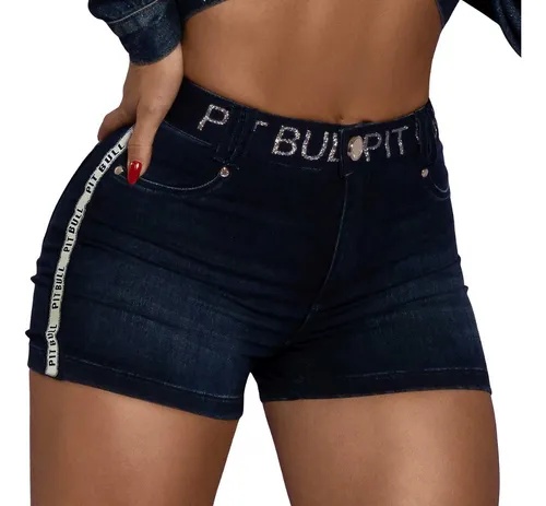 Short Feminino Pit Bull Jeans Faixa E C s Logomania Curto