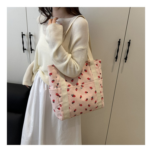 Bolso De Mano De Pana Con Estampado De Fresa Para Mujer