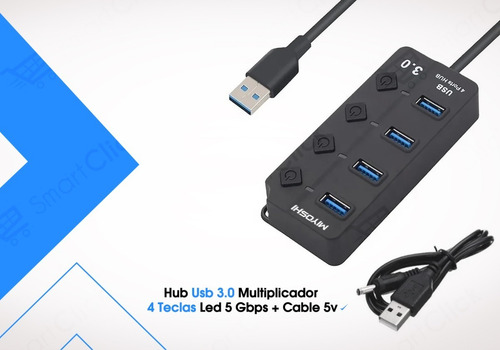 Imagen 5 de 10 de Hub Usb 3.0 Multiplicador 4 Teclas Led 5 Gbps + Fuente 5v