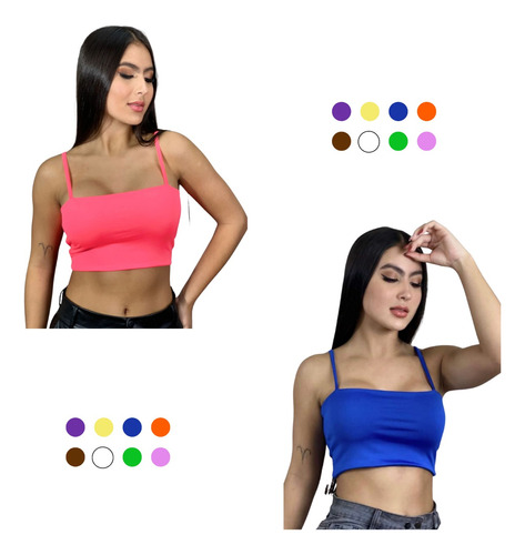 2 Blusas Croptop Mujer Juvenil En Licra Doble Tela De Tiras 