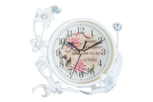 Reloj De Apoyo Metal Bco Flores Diam 12cm 17x16cm