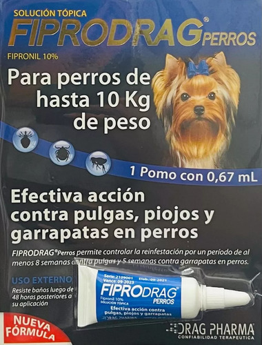 Pipeta Fiprodrag Antipulgas Piojos Y Garrapatas Hasta 10kg