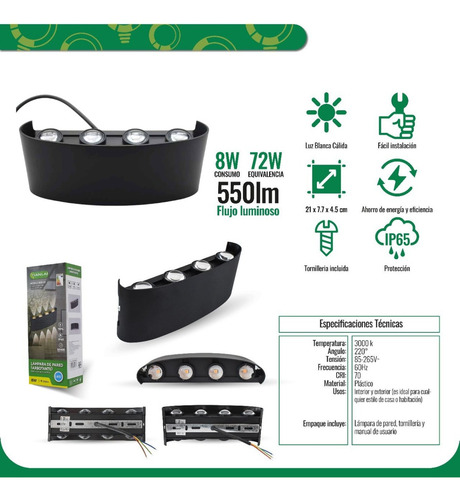 Lampara De Pared 8w Arbotante 8 Luces Luz Cálida