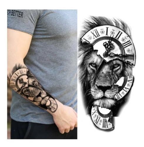 Tatuagem Temporária Leão Relógio Removível Cor Preto
