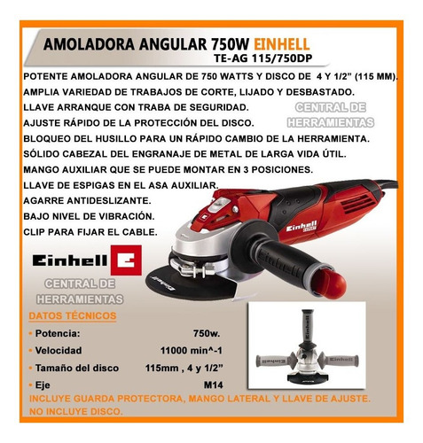 Amoladora Angular Einhell Te - Ag 115 Mm 4 1 2 750w Chica - Mini Metal Hierro Pared Hormigon Madera Antipolvo Manual