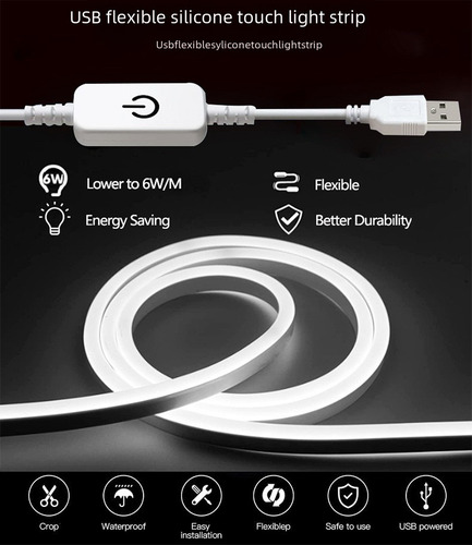 Tira Led Neón 3m 3500k Blanco Cálido Usb Táctil 5v 6x12