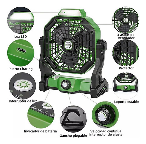 2 En 1 Ventilador De Camping Recargable Portátil Con Luz Led