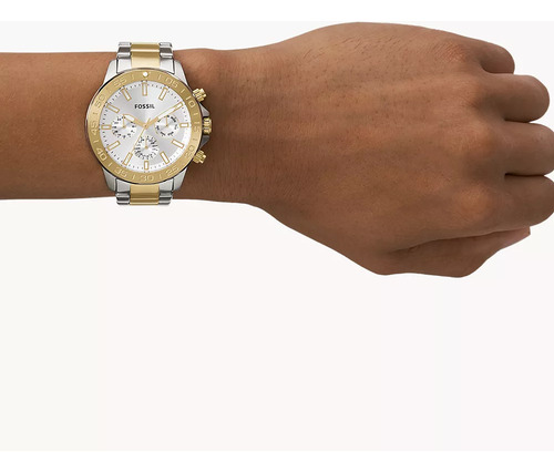 Relógio masculino Fossil de dois tons de aço inoxidável Bq2707, pulseira de prata, moldura dourada, fundo prateado