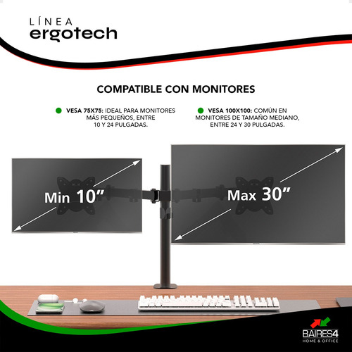 Soporte Regulable Doble Monitor Escritorio 10 A 30 Pulgadas