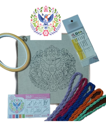 Kit De Bordado Con Tela De 20 X 20 Cm, Agujas,lanas,bastidor Picaflor