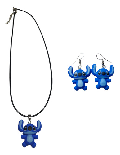 Kit Colar + Par Brinco Infanti Stitch Em Resina Azul Azul